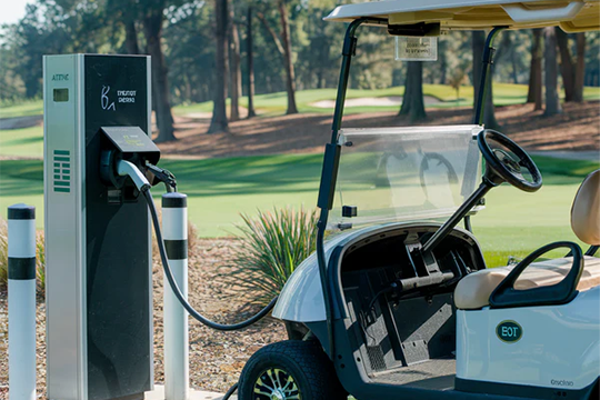 eco-friendly electric golf cart charging near the beach on Sullivan’s Island