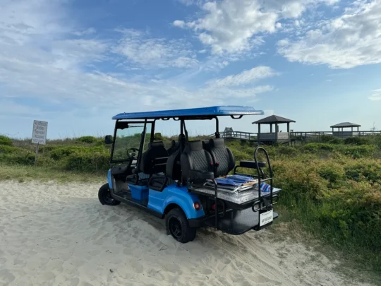 A golf cart on top of a sandy beach, with a field of plants in the background.